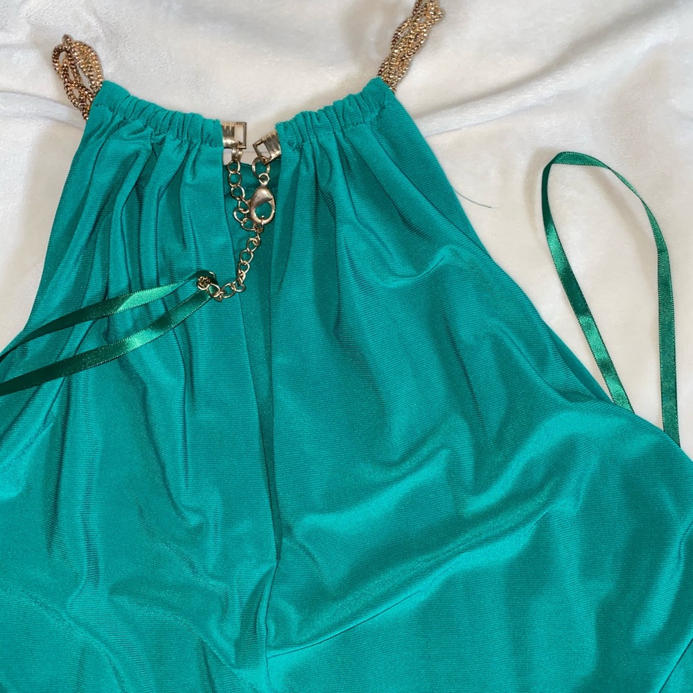Cache Green Halter Midi Dress/ Gold Chain Straps Gem